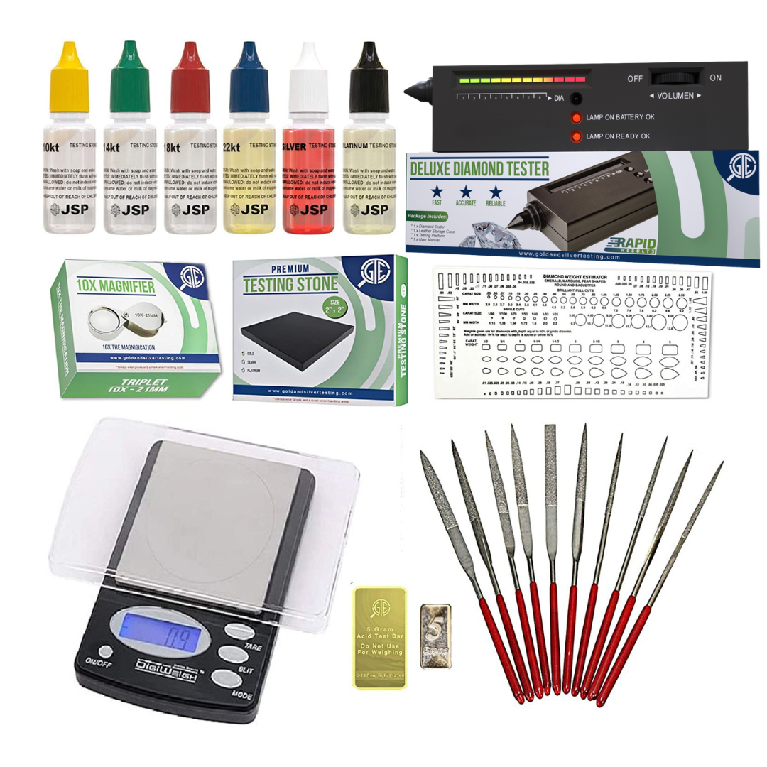 Gold, Silver, & Platinum Testing Kit 10K-24K JSP Acids, Diamond Tester, Digital Scale, Magnifier Loupe, Files & Test Bars — photo 1 of 10